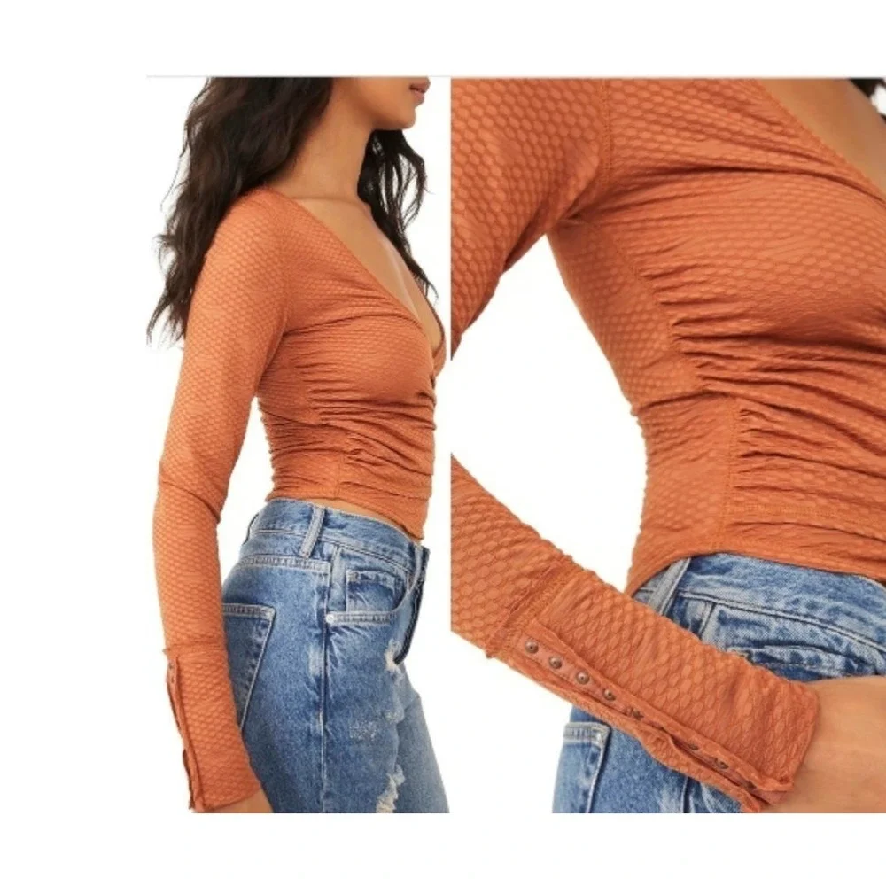 FREE PEOPLE Textured Ruched‎ Cinch Wrap Top Rust Brown Boho Chic Hippie Size S